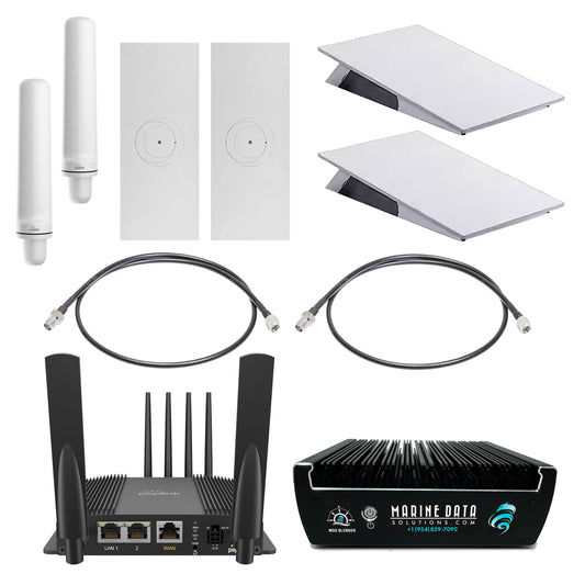 Starlink High Performance Kit Gen 3 Romeo Foxtrot Bundle – Max Speeds 700Mbps – 1Gbps – 2 x Starlink Flat High Performance Kit gen 3, 1 x Peplink Max BR1 Pro 5G, 1 x MDS Blender